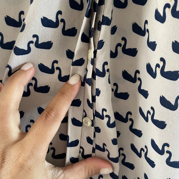 Boden Paris Cream Blue Swan Long Sleeve Crew Neck Button Down Top Blouse 4 - Picture 5 of 8